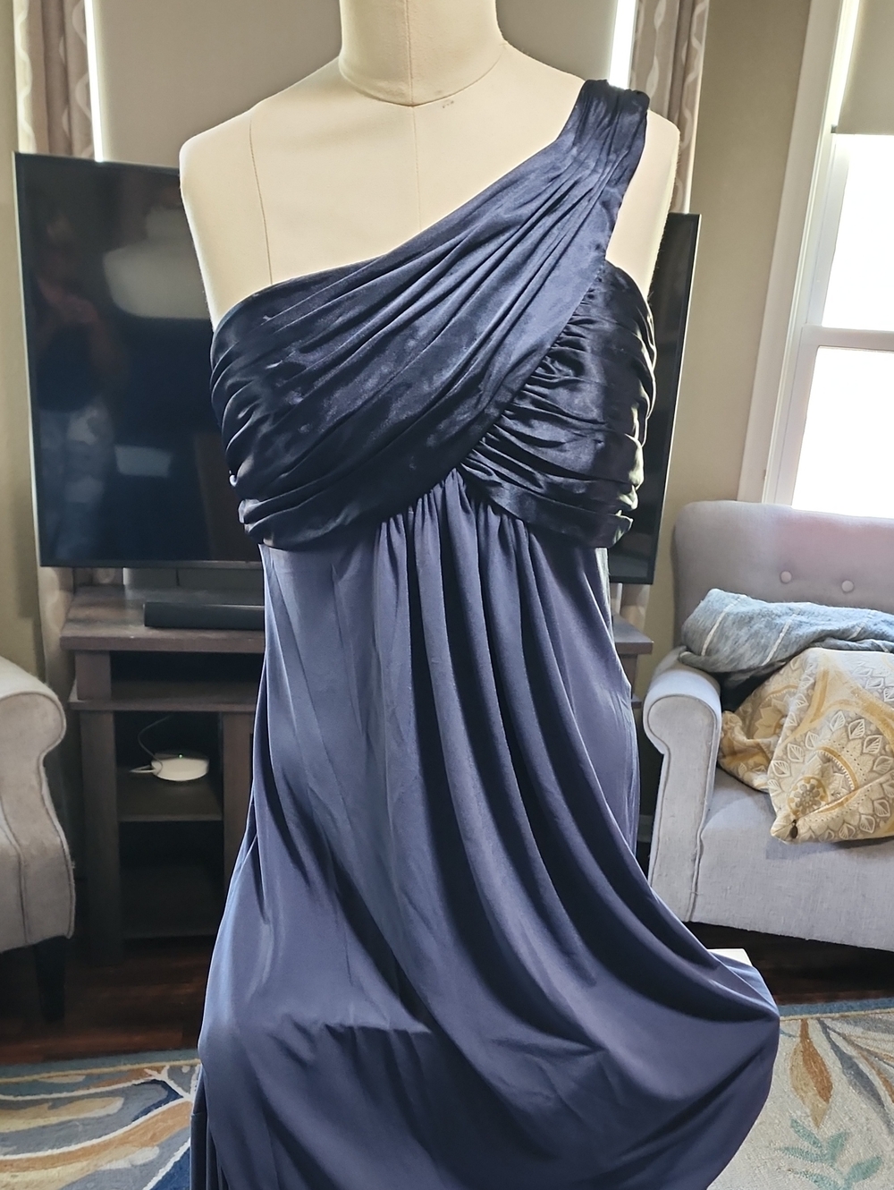 David's Bridal Navy Evening Dress with One-Shoulder Silhouette